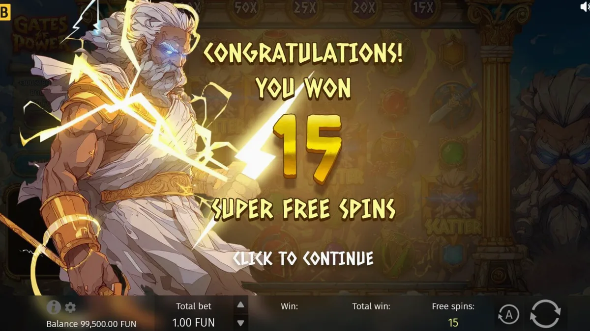 Tampilan antarmuka slot Gates of Power di perangkat seluler dengan tema Zeus dan Olympus