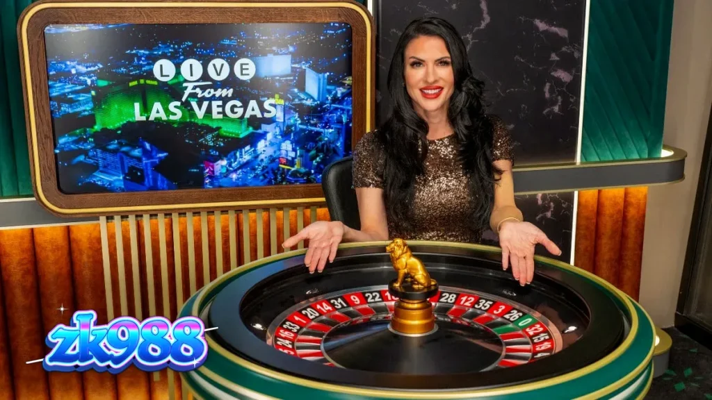 Tampilan antarmuka permainan dealer langsung BetMGM dengan dealer profesional di latar belakang kasino Las Vegas.
