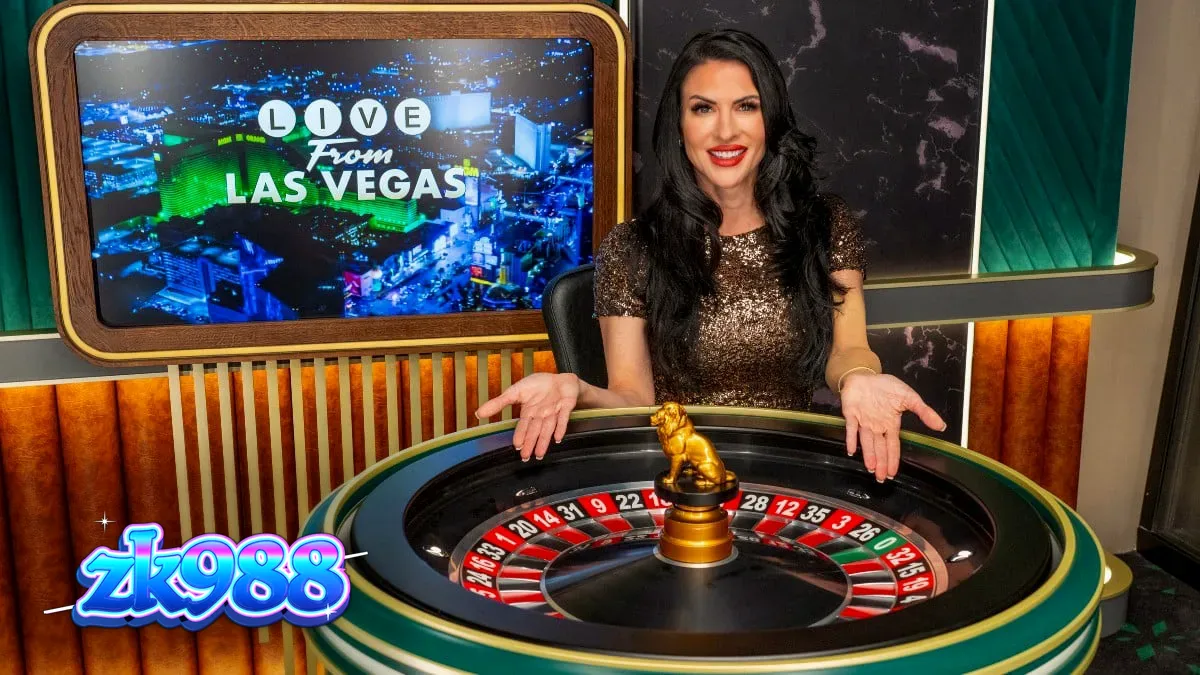 Tampilan antarmuka permainan dealer langsung BetMGM dengan dealer profesional di latar belakang kasino Las Vegas.